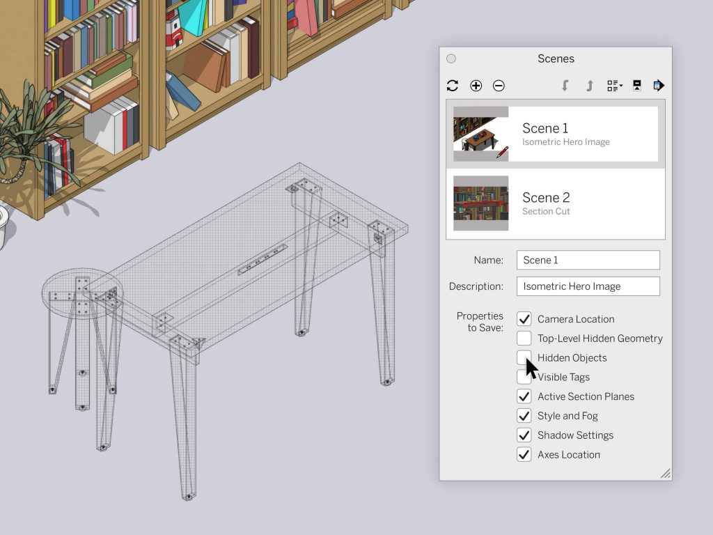 Scene panel, SketchUp Pro 2020 interface