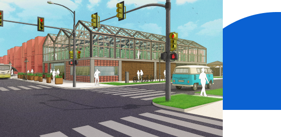 SketchUp rendering of a greenhouse integrated with an urban street corner featuring pedestrians and traffic lights