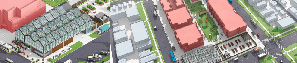 SketchUp side view of an open plan building with people standing on different levels