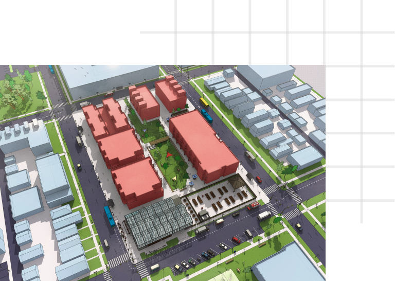 SketchUp aerial view of an urban district with red-roofed buildings and a prominent greenhouse