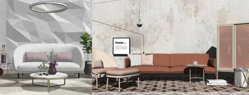 3D Warehouse interiors showcasing two stylish living room designs with modern furniture and decor