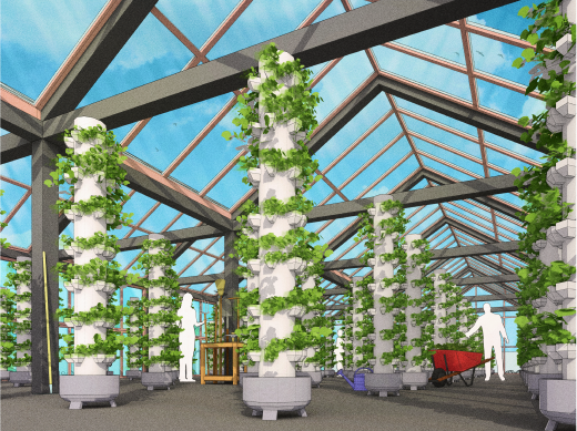 Modern greenhouse with plants inside and person working in background
