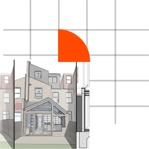 Modern house extension architectural drawing with bold graphic overlay