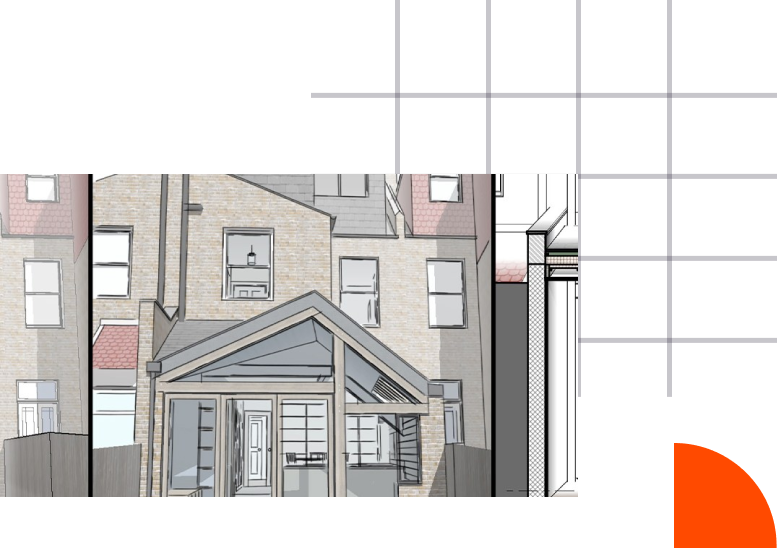 SketchUp architectural rendering of a detailed brick house with a porch entrance