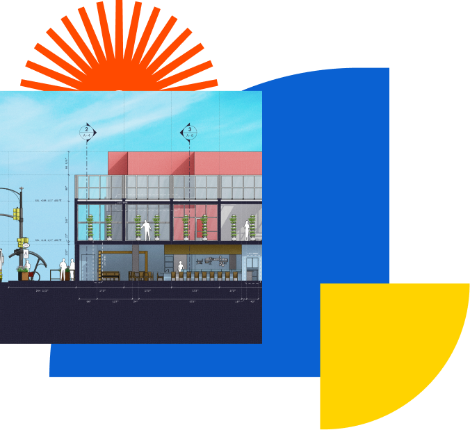 Architectural building cross-section with vibrant design elements