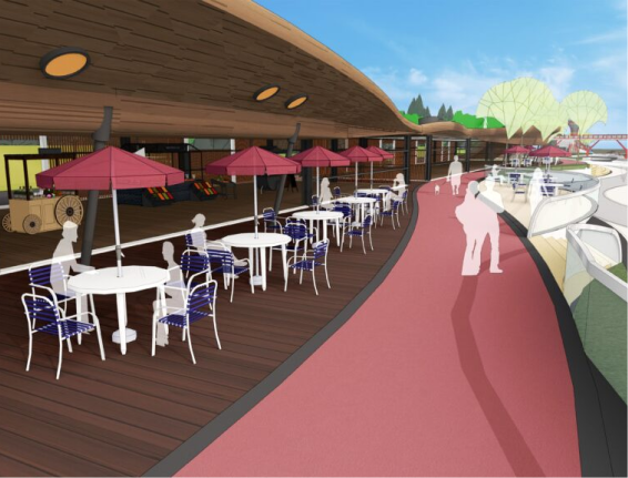 SketchUp design of a vibrant outdoor café with seating and umbrellas on a boardwalk