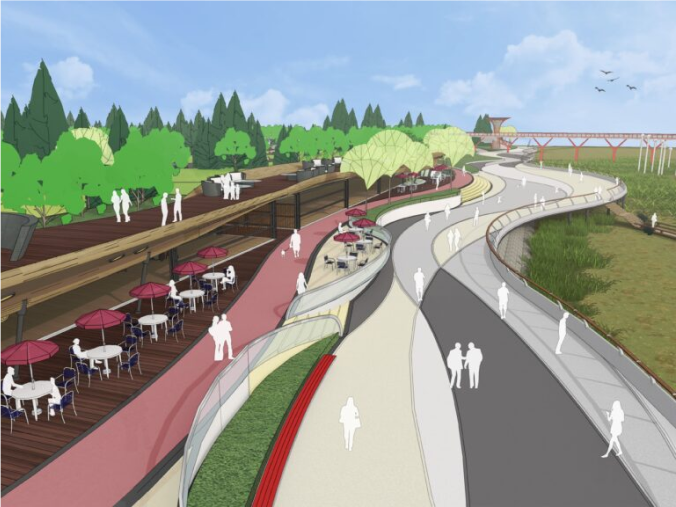 SketchUp design of a vibrant outdoor area with seating, umbrellas and path with people on