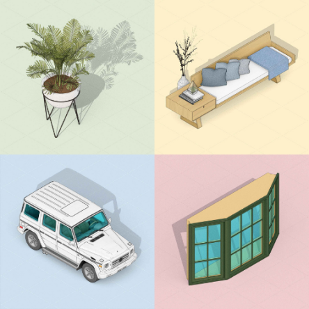 3D Warehouse collection featuring a potted plant, a daybed, an SUV, and a bay window