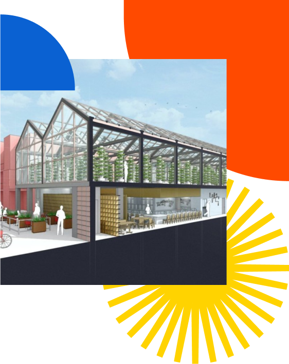 Modern urban greenhouse with integrated café and vertical farming design