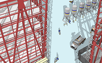 3D modeling of a construction site with people and trucks