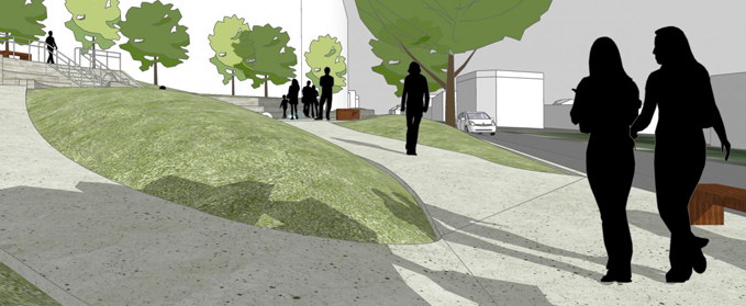 SketchUp model of a modern urban outdoor play area with people and children
