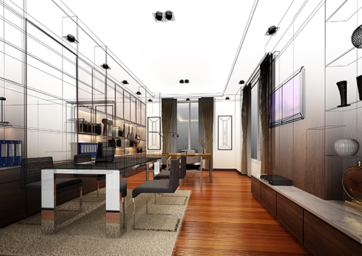 Modern office interior design blending wireframe sketch with realistic rendering and sleek furniture