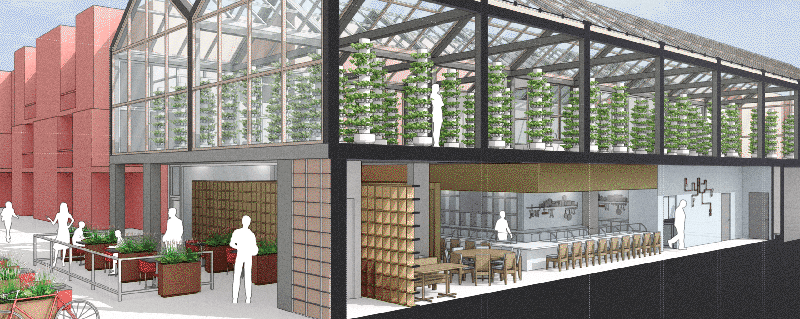 Architectural design of a modern greenhouse with vertical farming and community dining area