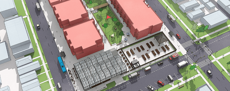 Aerial view of a modern urban development with greenhouse, park, and community spaces
