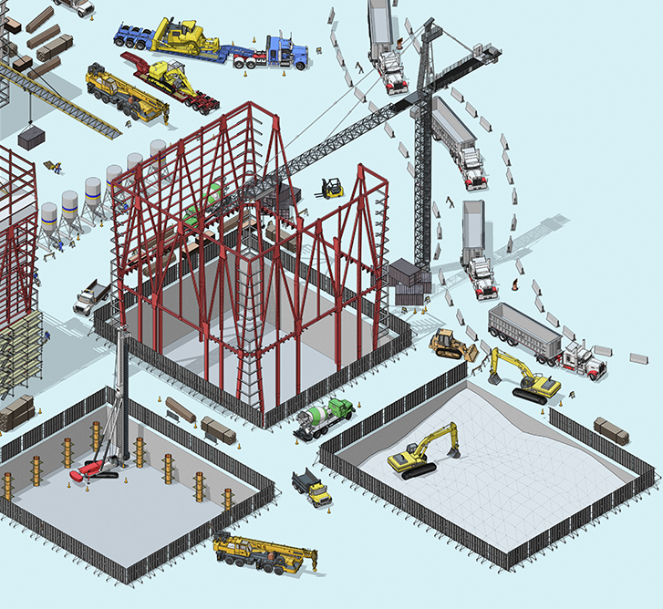 overhead view of 3D modeling of a construction site with cranes and trucks
